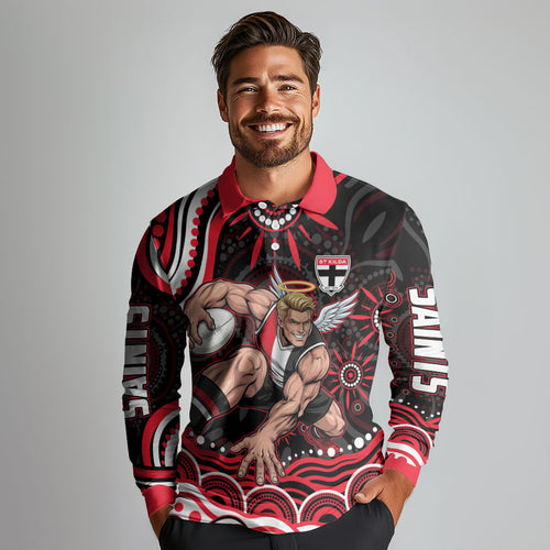 Personalized St Kilda Saints Footy Mascot Long Sleeve Polo Shirt Aboriginal Dot Art - Dreamtime Football Mascot