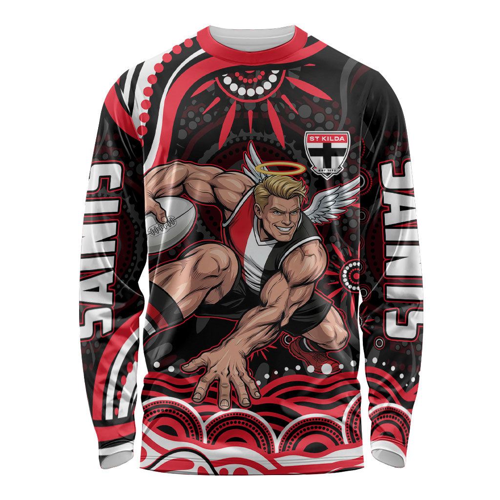 Personalized St Kilda Saints Footy Mascot Long Sleeve Shirt Aboriginal Dot Art - Dreamtime Football Mascot