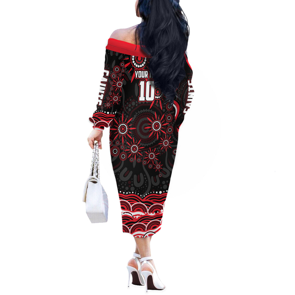 Personalized St Kilda Saints Footy Mascot Off The Shoulder Long Sleeve Dress Aboriginal Dot Art - Dreamtime Football Mascot