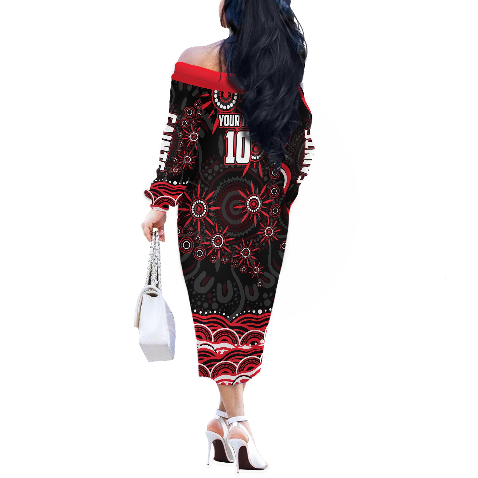 Personalized St Kilda Saints Footy Mascot Off The Shoulder Long Sleeve Dress Aboriginal Dot Art - Dreamtime Football Mascot