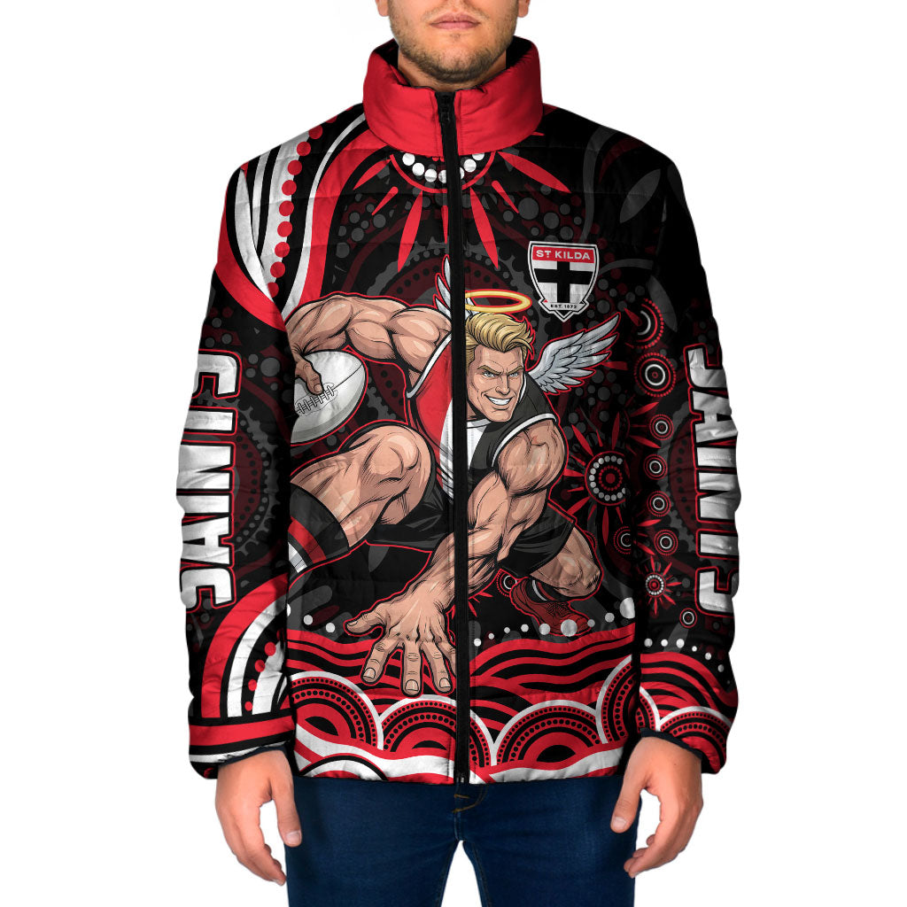 Personalized St Kilda Saints Footy Mascot Padded Jacket Aboriginal Dot Art - Dreamtime Football Mascot
