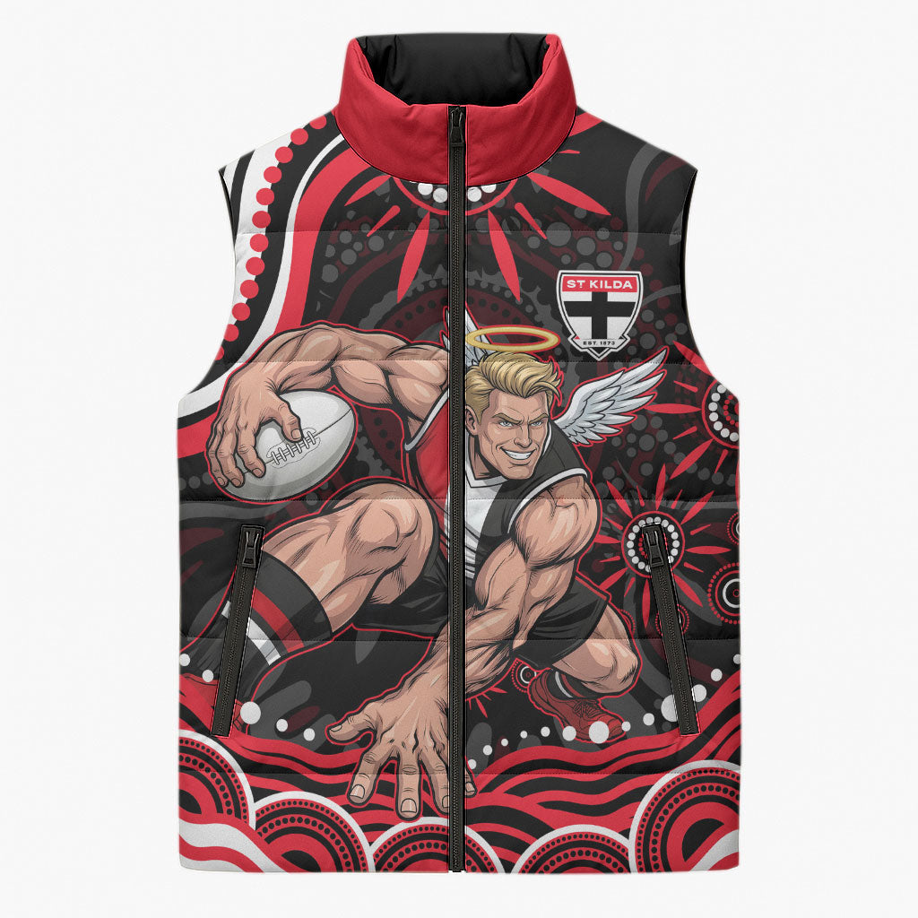 Personalized St Kilda Saints Footy Mascot Sleeveless Puffer Jacket Aboriginal Dot Art - Dreamtime Football Mascot