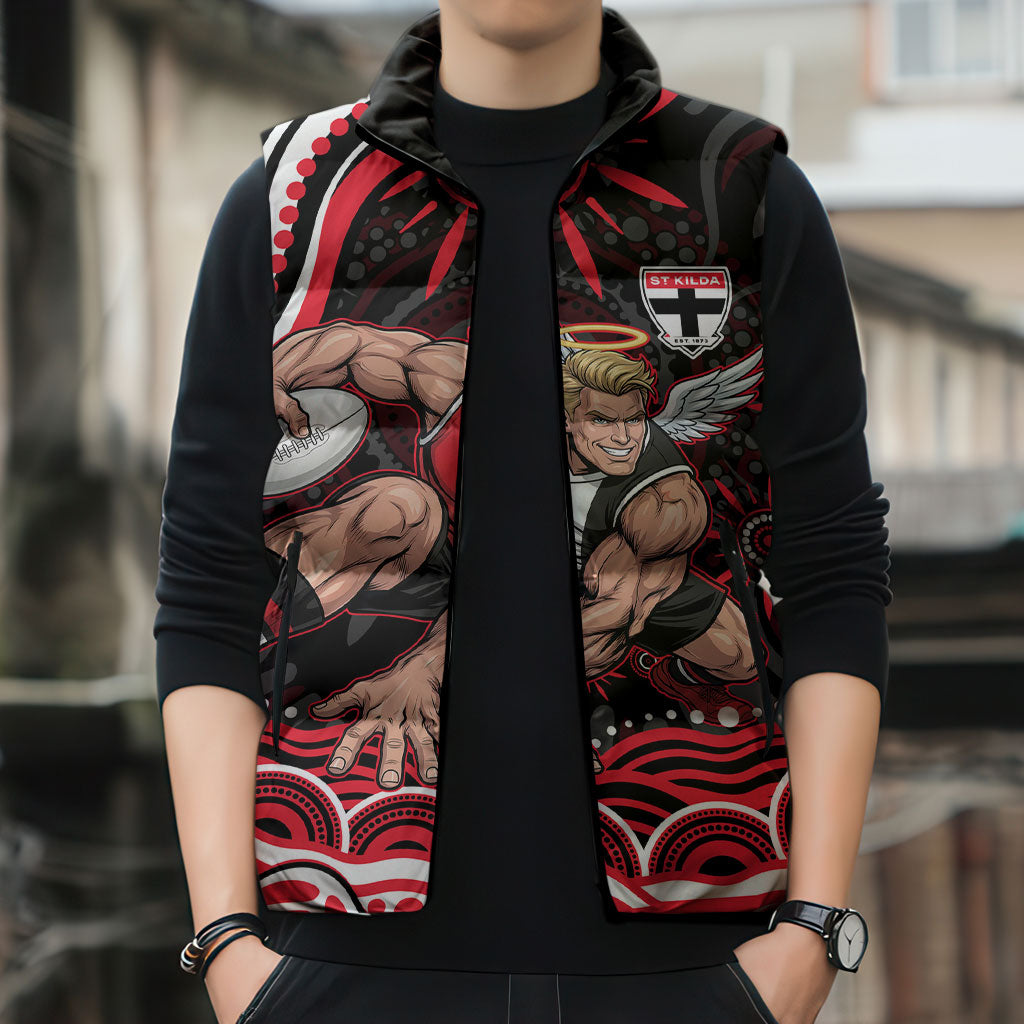 Personalized St Kilda Saints Footy Mascot Sleeveless Puffer Jacket Aboriginal Dot Art - Dreamtime Football Mascot