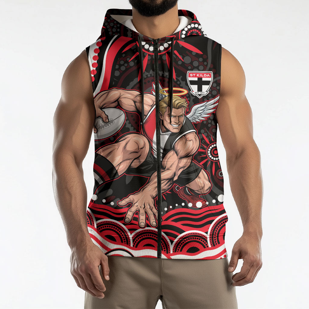 Personalized St Kilda Saints Footy Mascot Sleeveless Zip Hoodie Aboriginal Dot Art - Dreamtime Football Mascot