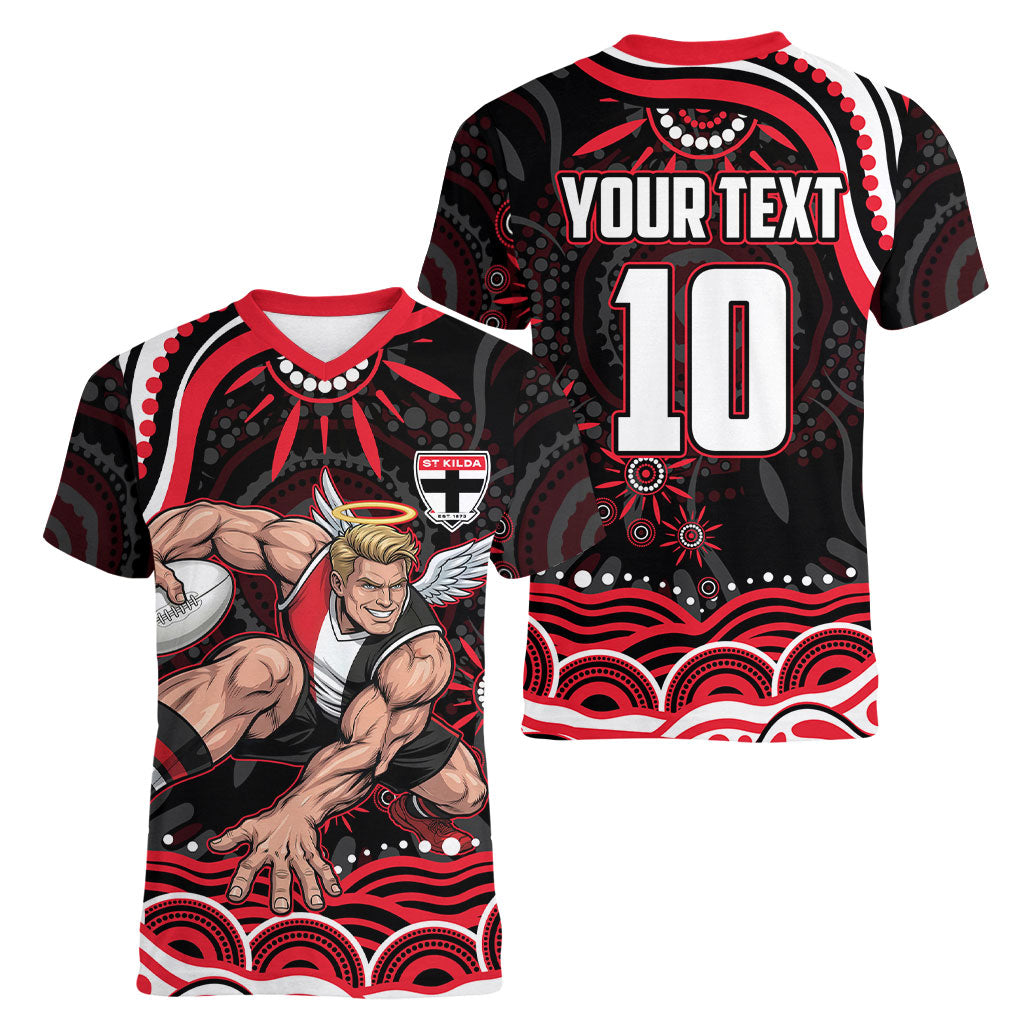 Personalized St Kilda Saints Footy Mascot Women V-Neck T-Shirt Aboriginal Dot Art - Dreamtime Football Mascot