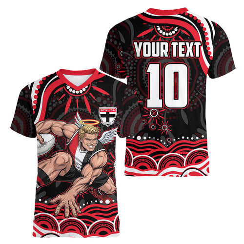 Personalized St Kilda Saints Footy Mascot Women V-Neck T-Shirt Aboriginal Dot Art - Dreamtime Football Mascot