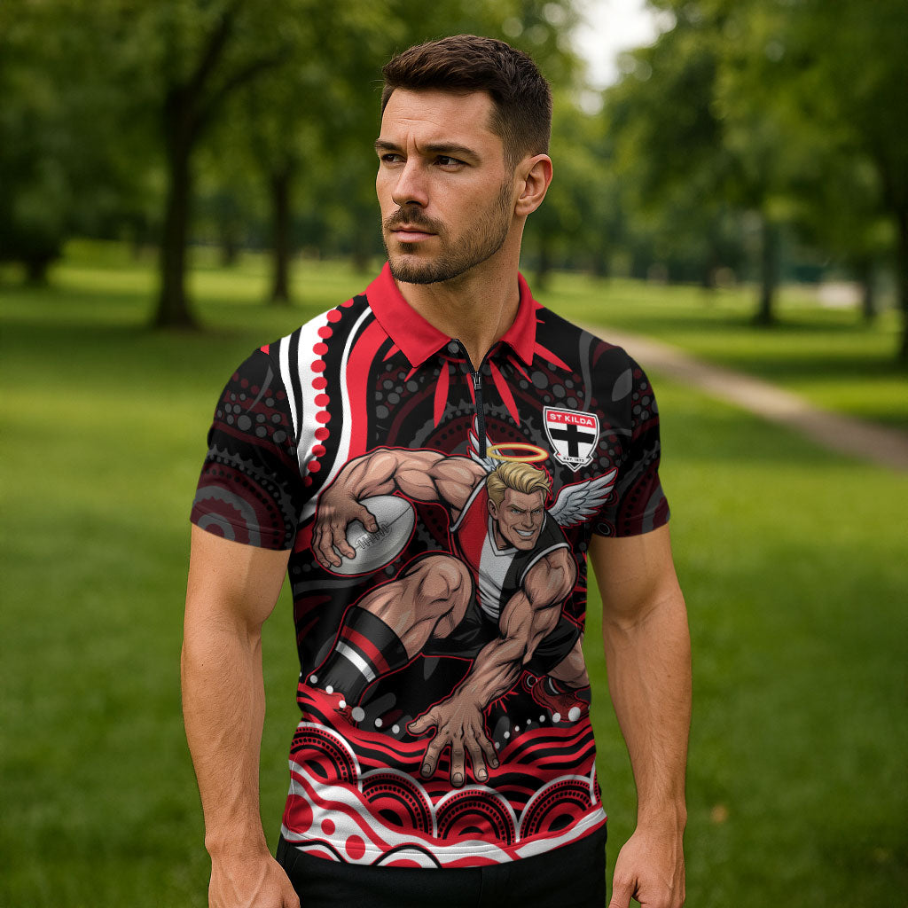 Personalized St Kilda Saints Footy Mascot Zipper Polo Shirt Aboriginal Dot Art - Dreamtime Football Mascot