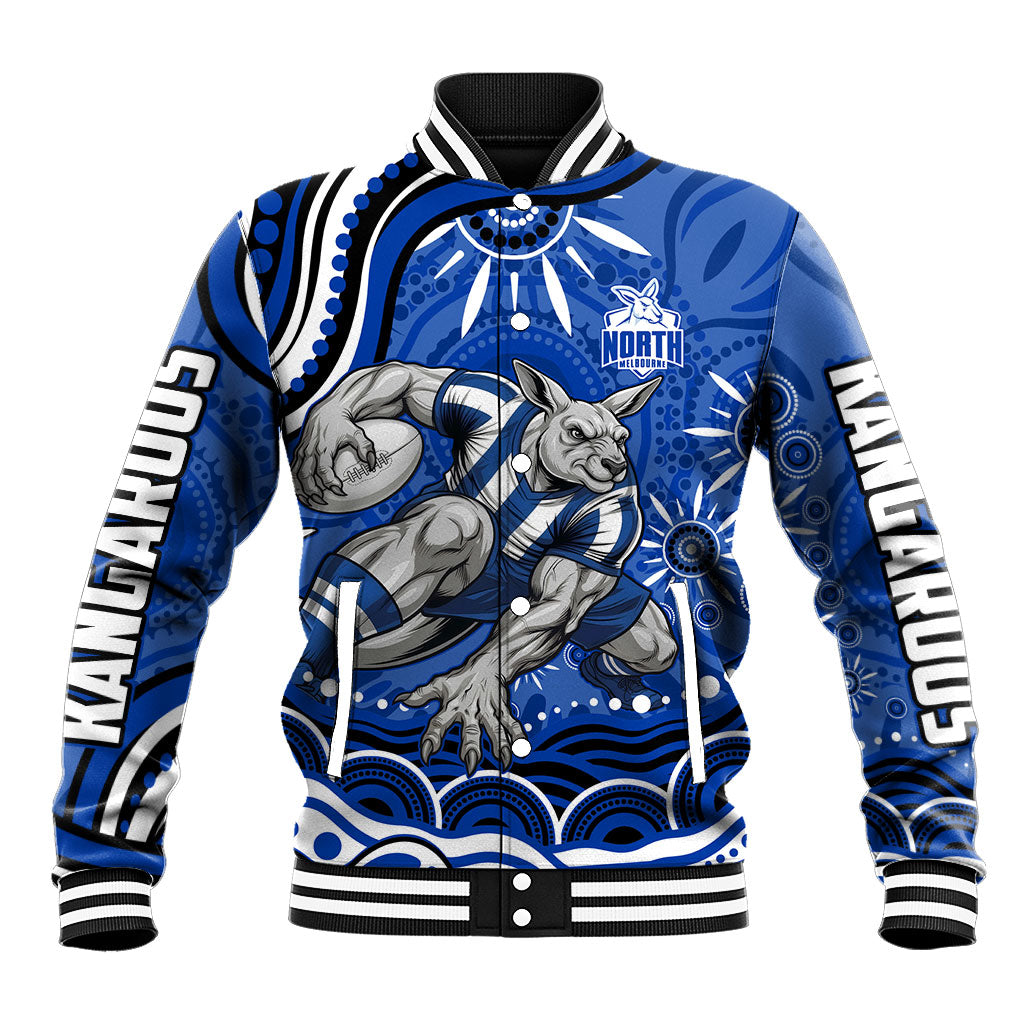 Personalized North Melbourne Kangaroos Footy Mascot Baseball Jacket Aboriginal Dot Art - Dreamtime Football Mascot