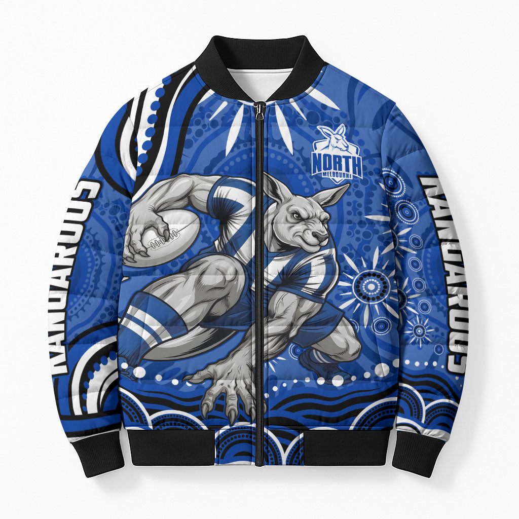 Personalized North Melbourne Kangaroos Footy Mascot Bomber Puffer Jacket Aboriginal Dot Art - Dreamtime Football Mascot