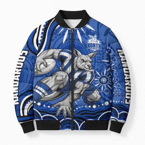 Personalized North Melbourne Kangaroos Footy Mascot Bomber Puffer Jacket Aboriginal Dot Art - Dreamtime Football Mascot