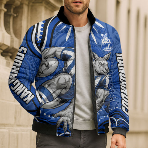 Personalized North Melbourne Kangaroos Footy Mascot Bomber Puffer Jacket Aboriginal Dot Art - Dreamtime Football Mascot
