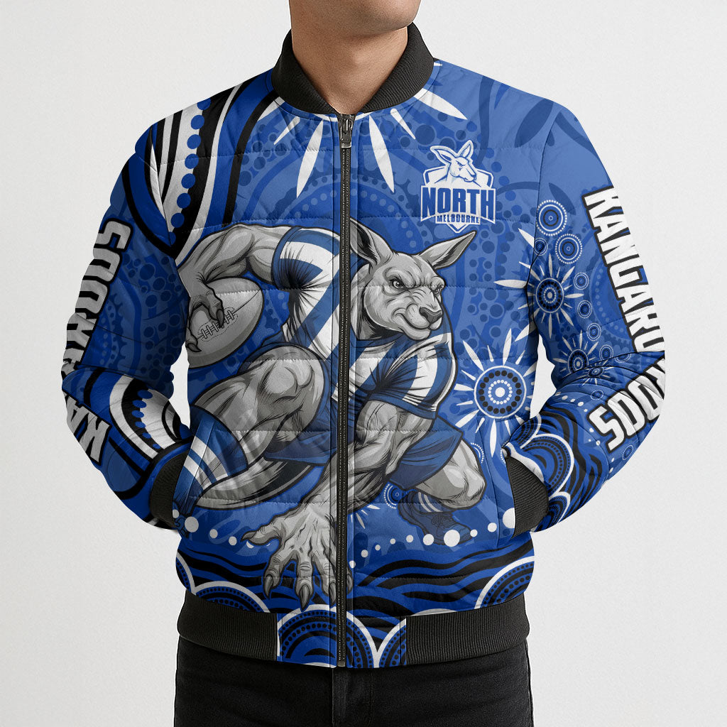 Personalized North Melbourne Kangaroos Footy Mascot Bomber Puffer Jacket Aboriginal Dot Art - Dreamtime Football Mascot