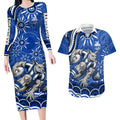 Personalized North Melbourne Kangaroos Footy Mascot Couples Matching Long Sleeve Bodycon Dress and Hawaiian Shirt Aboriginal Dot Art - Dreamtime Football Mascot