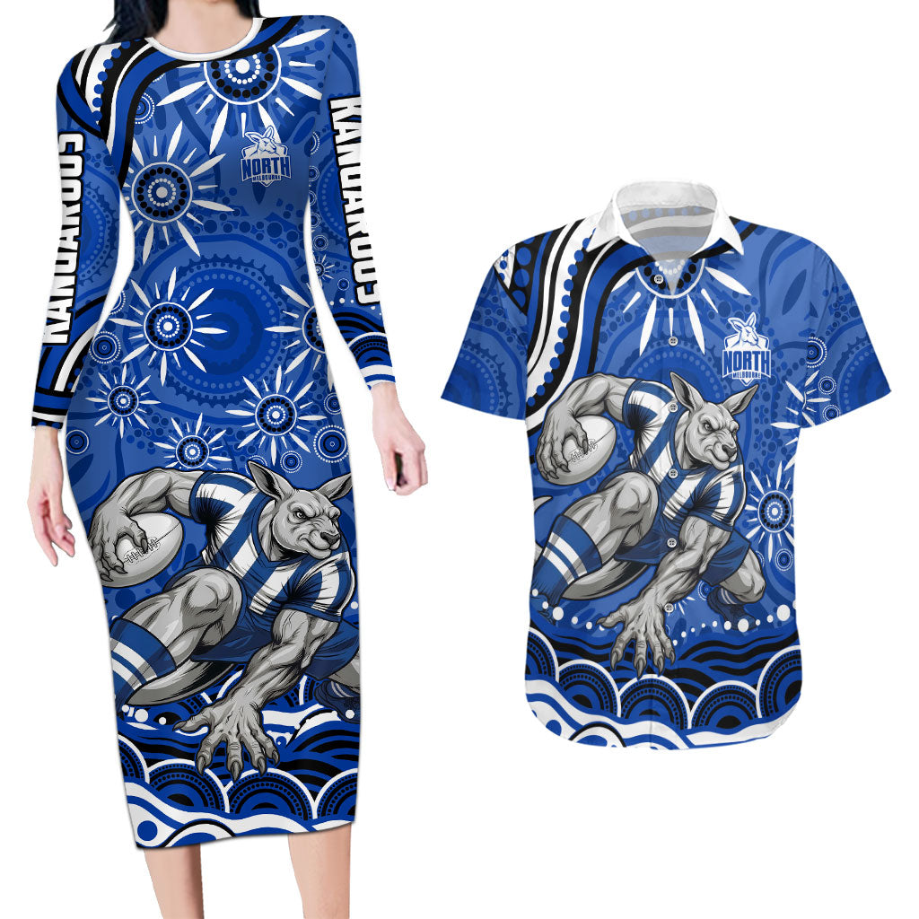 Personalized North Melbourne Kangaroos Footy Mascot Couples Matching Long Sleeve Bodycon Dress and Hawaiian Shirt Aboriginal Dot Art - Dreamtime Football Mascot