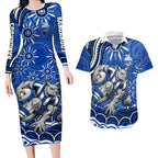 Personalized North Melbourne Kangaroos Footy Mascot Couples Matching Long Sleeve Bodycon Dress and Hawaiian Shirt Aboriginal Dot Art - Dreamtime Football Mascot