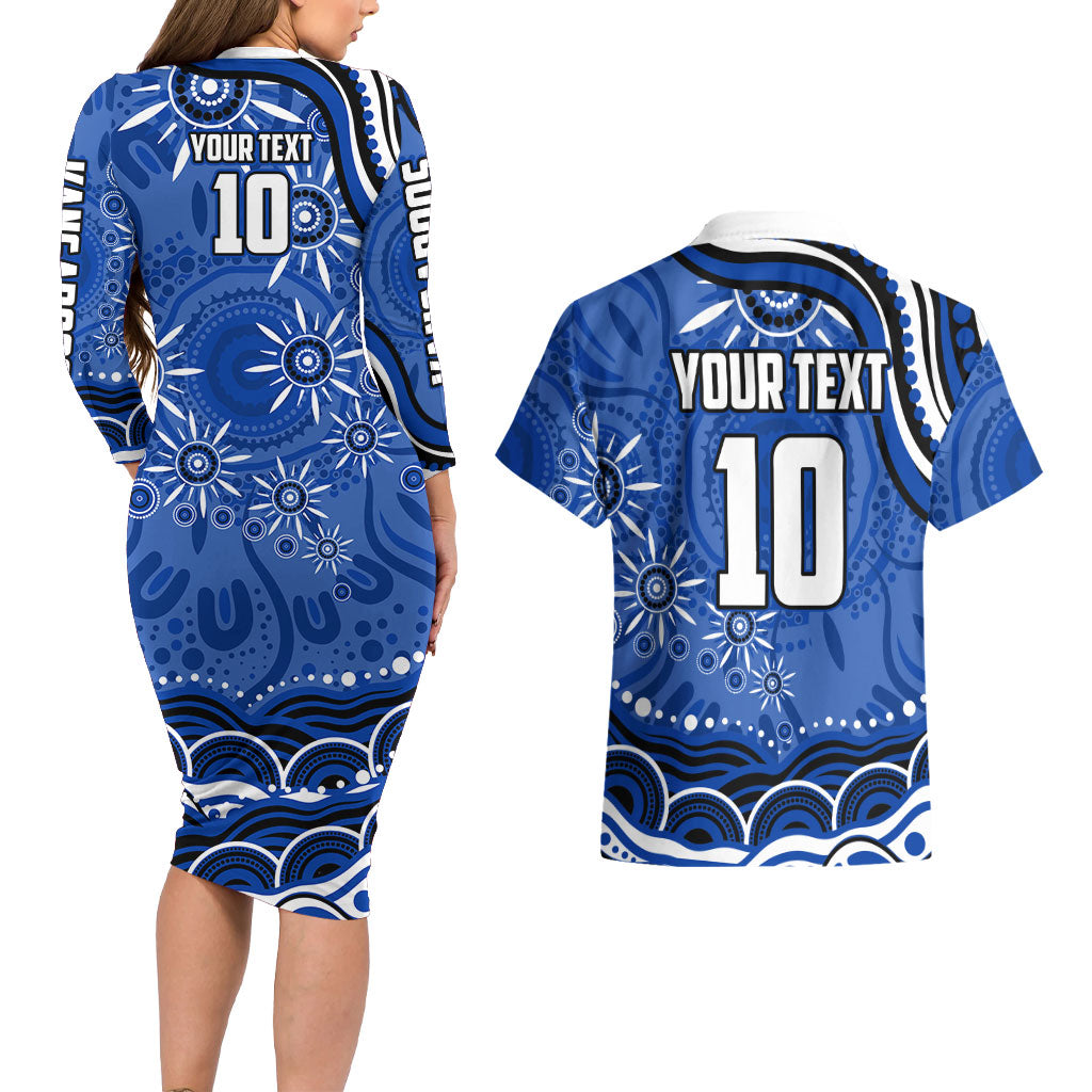 Personalized North Melbourne Kangaroos Footy Mascot Couples Matching Long Sleeve Bodycon Dress and Hawaiian Shirt Aboriginal Dot Art - Dreamtime Football Mascot
