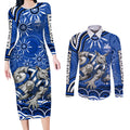 Personalized North Melbourne Kangaroos Footy Mascot Couples Matching Long Sleeve Bodycon Dress and Long Sleeve Button Shirt Aboriginal Dot Art - Dreamtime Football Mascot
