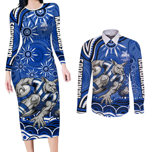 Personalized North Melbourne Kangaroos Footy Mascot Couples Matching Long Sleeve Bodycon Dress and Long Sleeve Button Shirt Aboriginal Dot Art - Dreamtime Football Mascot