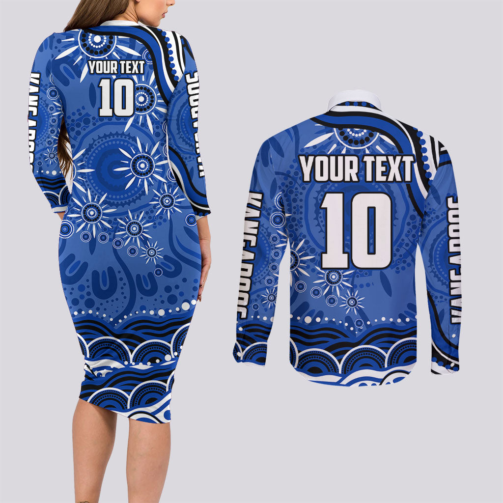 Personalized North Melbourne Kangaroos Footy Mascot Couples Matching Long Sleeve Bodycon Dress and Long Sleeve Button Shirt Aboriginal Dot Art - Dreamtime Football Mascot
