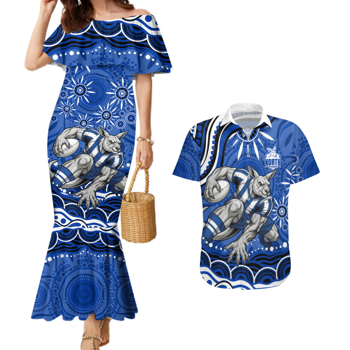 Personalized North Melbourne Kangaroos Footy Mascot Couples Matching Mermaid Dress and Hawaiian Shirt Aboriginal Dot Art - Dreamtime Football Mascot