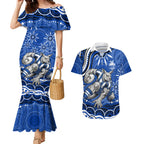 Personalized North Melbourne Kangaroos Footy Mascot Couples Matching Mermaid Dress and Hawaiian Shirt Aboriginal Dot Art - Dreamtime Football Mascot