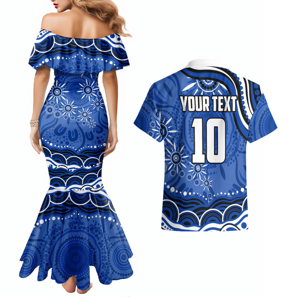 Personalized North Melbourne Kangaroos Footy Mascot Couples Matching Mermaid Dress and Hawaiian Shirt Aboriginal Dot Art - Dreamtime Football Mascot