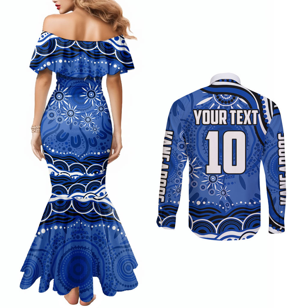 Personalized North Melbourne Kangaroos Footy Mascot Couples Matching Mermaid Dress and Long Sleeve Button Shirt Aboriginal Dot Art - Dreamtime Football Mascot