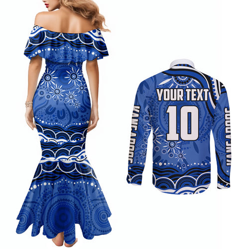 Personalized North Melbourne Kangaroos Footy Mascot Couples Matching Mermaid Dress and Long Sleeve Button Shirt Aboriginal Dot Art - Dreamtime Football Mascot
