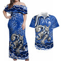 Personalized North Melbourne Kangaroos Footy Mascot Couples Matching Off Shoulder Maxi Dress and Hawaiian Shirt Aboriginal Dot Art - Dreamtime Football Mascot
