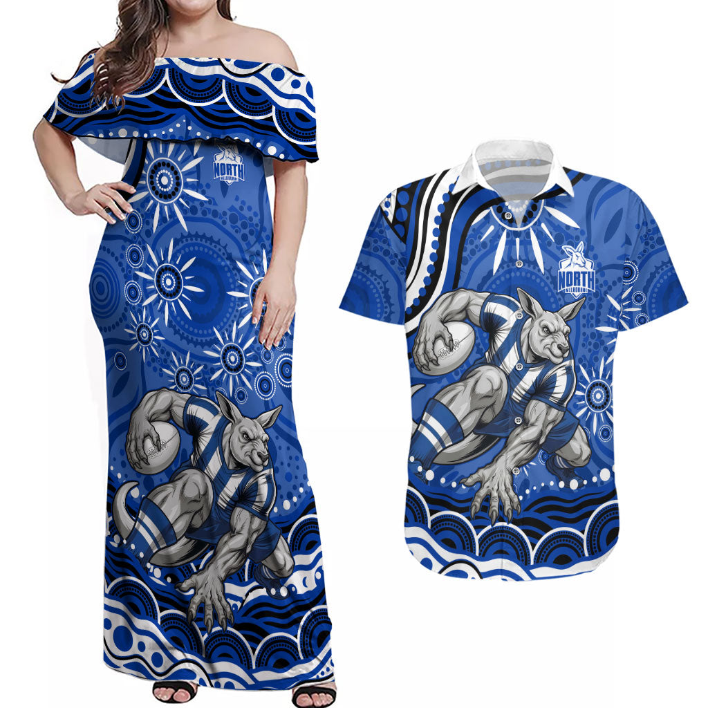 Personalized North Melbourne Kangaroos Footy Mascot Couples Matching Off Shoulder Maxi Dress and Hawaiian Shirt Aboriginal Dot Art - Dreamtime Football Mascot