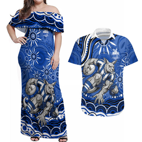 Personalized North Melbourne Kangaroos Footy Mascot Couples Matching Off Shoulder Maxi Dress and Hawaiian Shirt Aboriginal Dot Art - Dreamtime Football Mascot