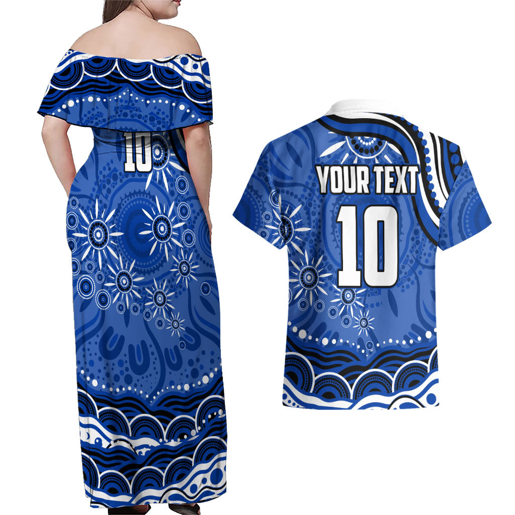 Personalized North Melbourne Kangaroos Footy Mascot Couples Matching Off Shoulder Maxi Dress and Hawaiian Shirt Aboriginal Dot Art - Dreamtime Football Mascot