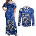 Personalized North Melbourne Kangaroos Footy Mascot Couples Matching Off Shoulder Maxi Dress and Long Sleeve Button Shirt Aboriginal Dot Art - Dreamtime Football Mascot