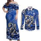 Personalized North Melbourne Kangaroos Footy Mascot Couples Matching Off Shoulder Maxi Dress and Long Sleeve Button Shirt Aboriginal Dot Art - Dreamtime Football Mascot