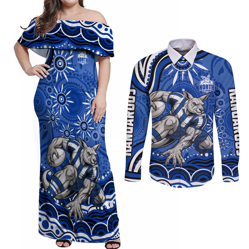 Personalized North Melbourne Kangaroos Footy Mascot Couples Matching Off Shoulder Maxi Dress and Long Sleeve Button Shirt Aboriginal Dot Art - Dreamtime Football Mascot