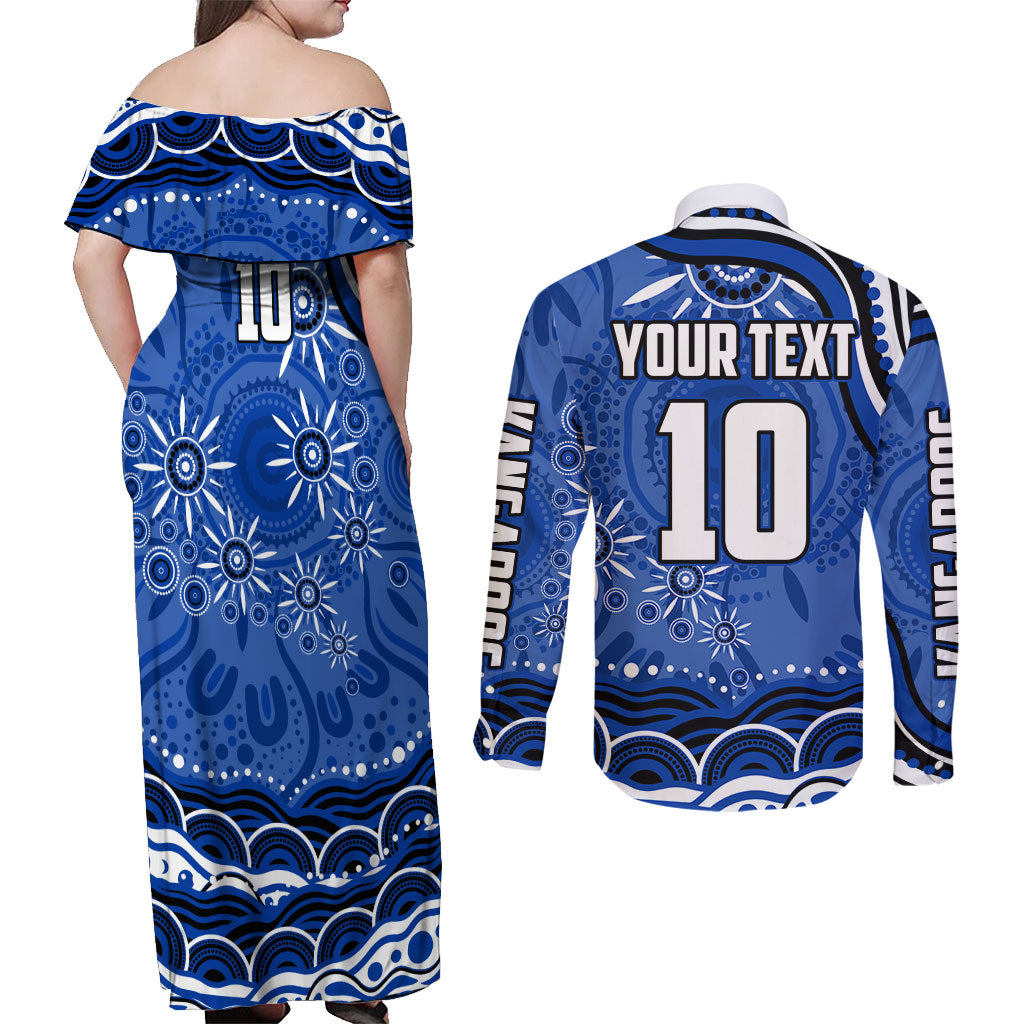 Personalized North Melbourne Kangaroos Footy Mascot Couples Matching Off Shoulder Maxi Dress and Long Sleeve Button Shirt Aboriginal Dot Art - Dreamtime Football Mascot
