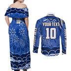 Personalized North Melbourne Kangaroos Footy Mascot Couples Matching Off Shoulder Maxi Dress and Long Sleeve Button Shirt Aboriginal Dot Art - Dreamtime Football Mascot