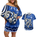 Personalized North Melbourne Kangaroos Footy Mascot Couples Matching Off Shoulder Short Dress and Hawaiian Shirt Aboriginal Dot Art - Dreamtime Football Mascot