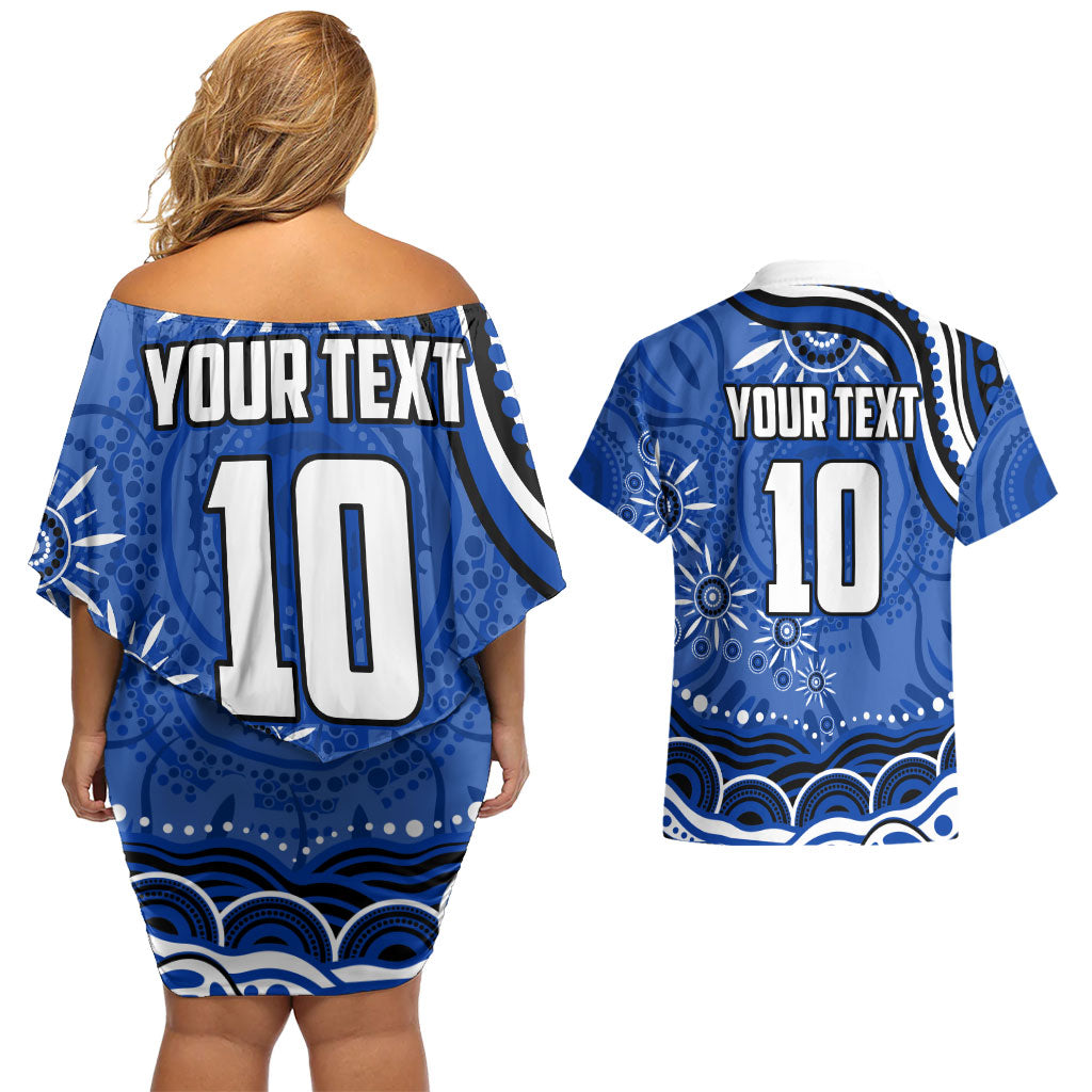 Personalized North Melbourne Kangaroos Footy Mascot Couples Matching Off Shoulder Short Dress and Hawaiian Shirt Aboriginal Dot Art - Dreamtime Football Mascot