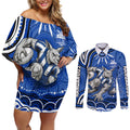 Personalized North Melbourne Kangaroos Footy Mascot Couples Matching Off Shoulder Short Dress and Long Sleeve Button Shirt Aboriginal Dot Art - Dreamtime Football Mascot