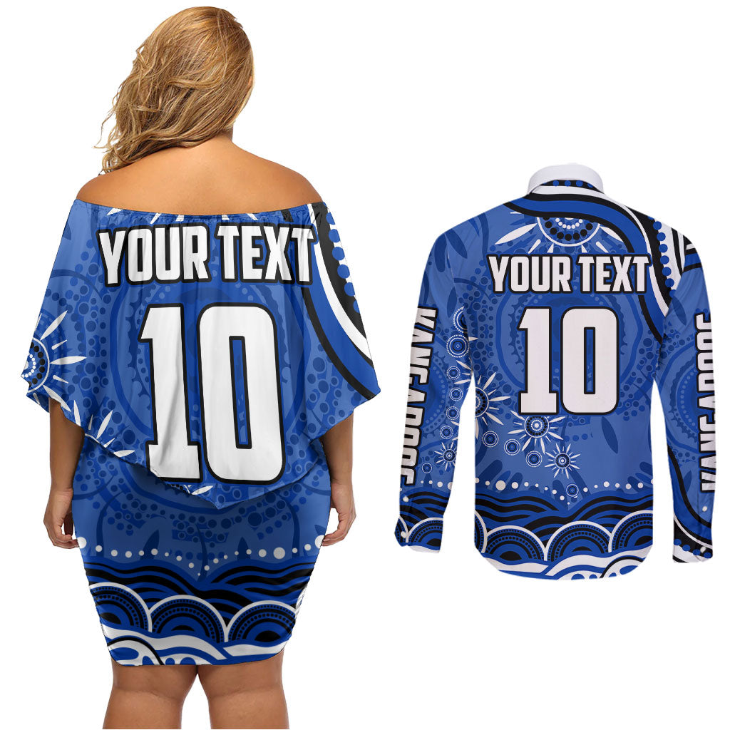 Personalized North Melbourne Kangaroos Footy Mascot Couples Matching Off Shoulder Short Dress and Long Sleeve Button Shirt Aboriginal Dot Art - Dreamtime Football Mascot