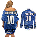 Personalized North Melbourne Kangaroos Footy Mascot Couples Matching Off Shoulder Short Dress and Long Sleeve Button Shirt Aboriginal Dot Art - Dreamtime Football Mascot