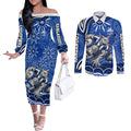 Personalized North Melbourne Kangaroos Footy Mascot Couples Matching Off The Shoulder Long Sleeve Dress and Long Sleeve Button Shirt Aboriginal Dot Art - Dreamtime Football Mascot