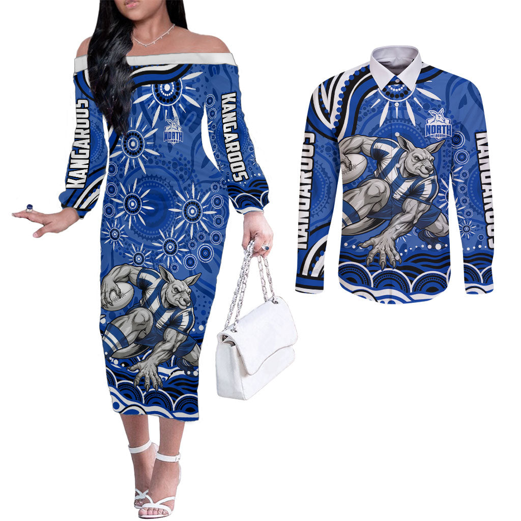 Personalized North Melbourne Kangaroos Footy Mascot Couples Matching Off The Shoulder Long Sleeve Dress and Long Sleeve Button Shirt Aboriginal Dot Art - Dreamtime Football Mascot
