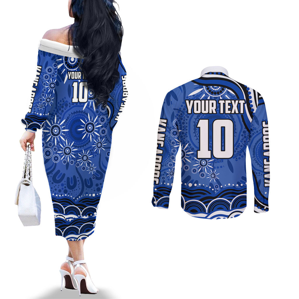 Personalized North Melbourne Kangaroos Footy Mascot Couples Matching Off The Shoulder Long Sleeve Dress and Long Sleeve Button Shirt Aboriginal Dot Art - Dreamtime Football Mascot