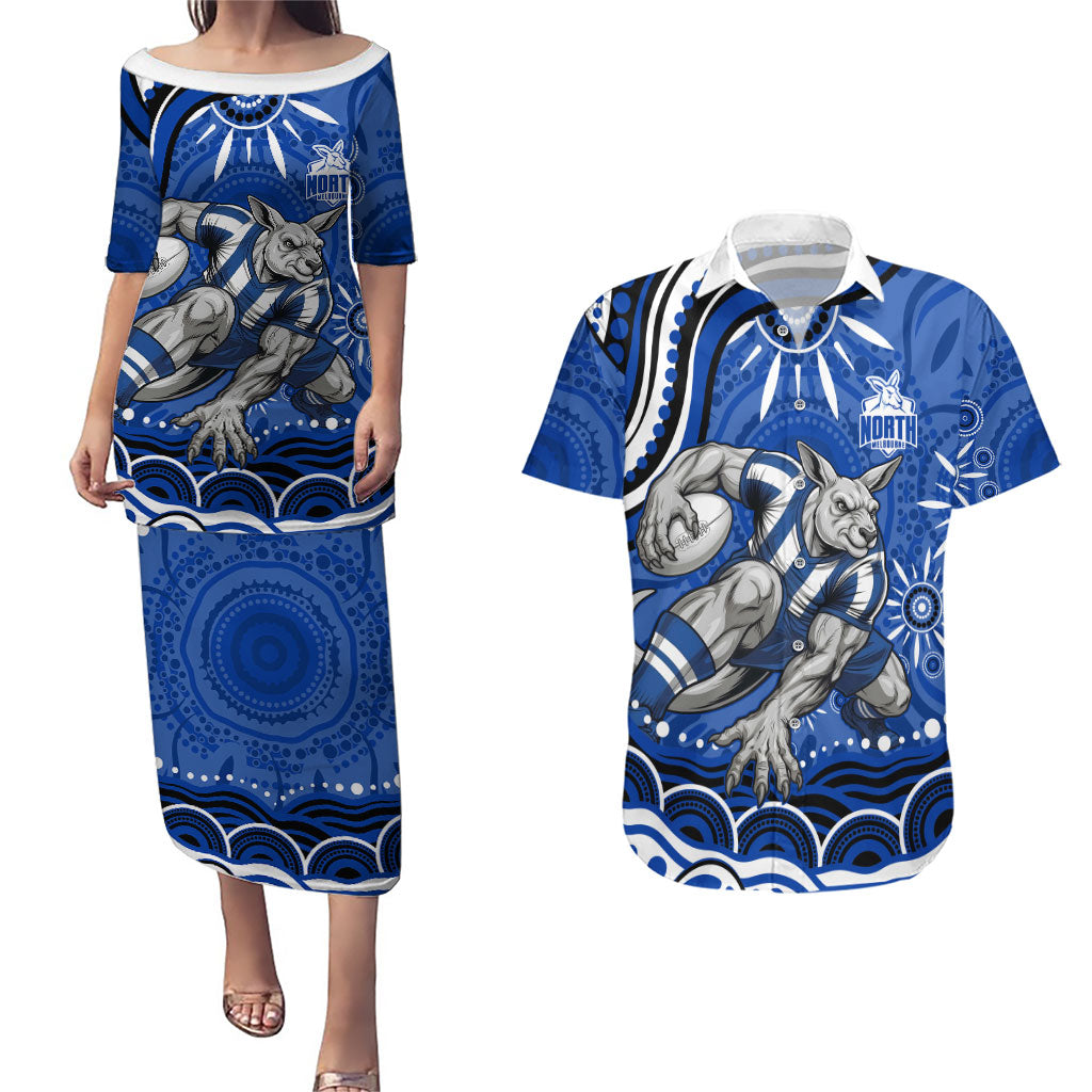 Personalized North Melbourne Kangaroos Footy Mascot Couples Matching Puletasi and Hawaiian Shirt Aboriginal Dot Art - Dreamtime Football Mascot