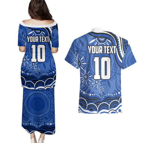 Personalized North Melbourne Kangaroos Footy Mascot Couples Matching Puletasi and Hawaiian Shirt Aboriginal Dot Art - Dreamtime Football Mascot