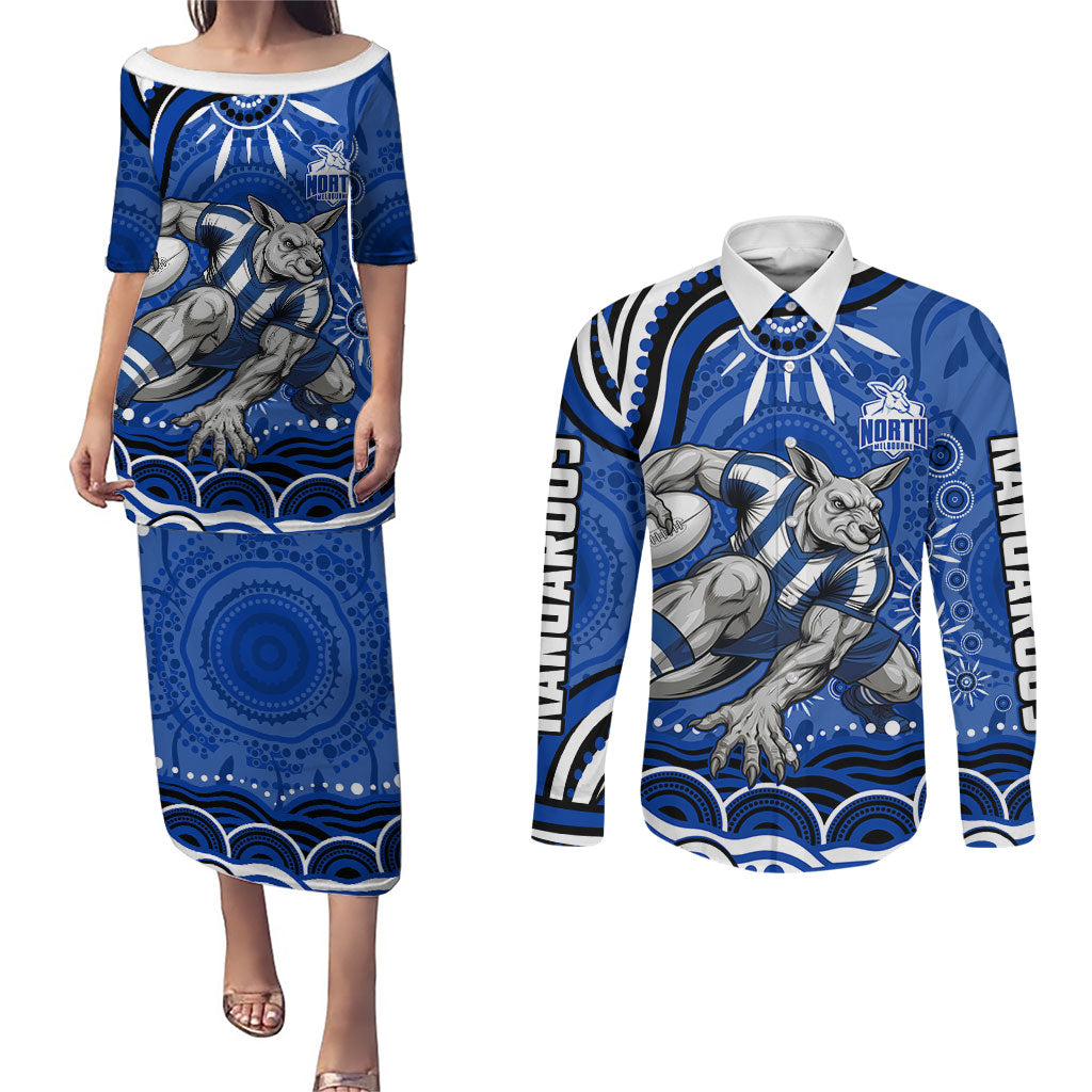 Personalized North Melbourne Kangaroos Footy Mascot Couples Matching Puletasi and Long Sleeve Button Shirt Aboriginal Dot Art - Dreamtime Football Mascot