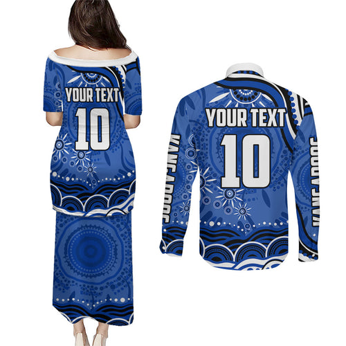 Personalized North Melbourne Kangaroos Footy Mascot Couples Matching Puletasi and Long Sleeve Button Shirt Aboriginal Dot Art - Dreamtime Football Mascot
