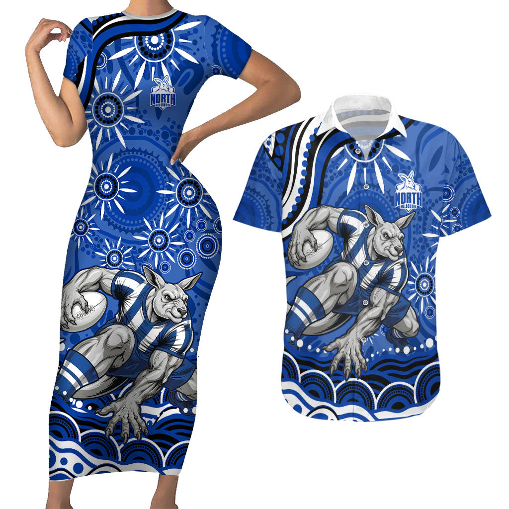 Personalized North Melbourne Kangaroos Footy Mascot Couples Matching Short Sleeve Bodycon Dress and Hawaiian Shirt Aboriginal Dot Art - Dreamtime Football Mascot